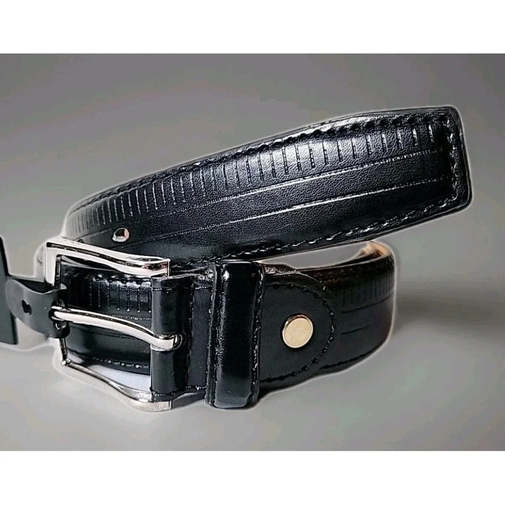 NWT‎ Men's 2XL 46-48 Black Genuine Leather Dress Belt Ridged Silver Buckle New
